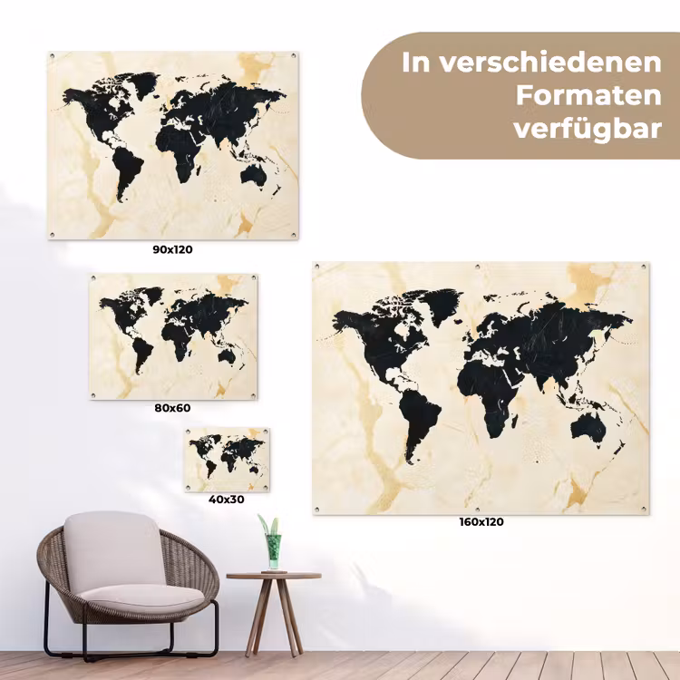 Wereldkaart - Licht marmer - Zwart tuinposter los doek klein -Xsfeer9_DE
