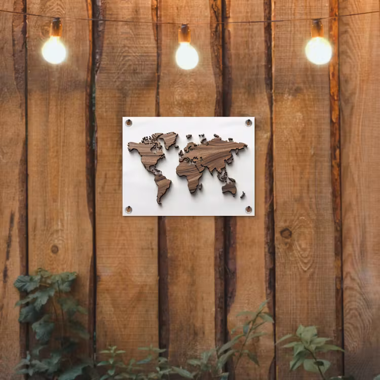 Wereldkaart - Hout - Elegant tuinposter los doek klein -sfeer1