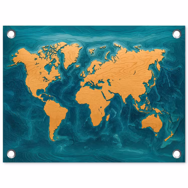 Wereldkaart - Houtsnede -  Turkooisblauw tuinposter los doek klein -3d