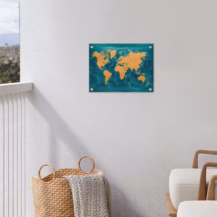 Wereldkaart - Houtsnede -  Turkooisblauw tuinposter los doek klein -sfeer8