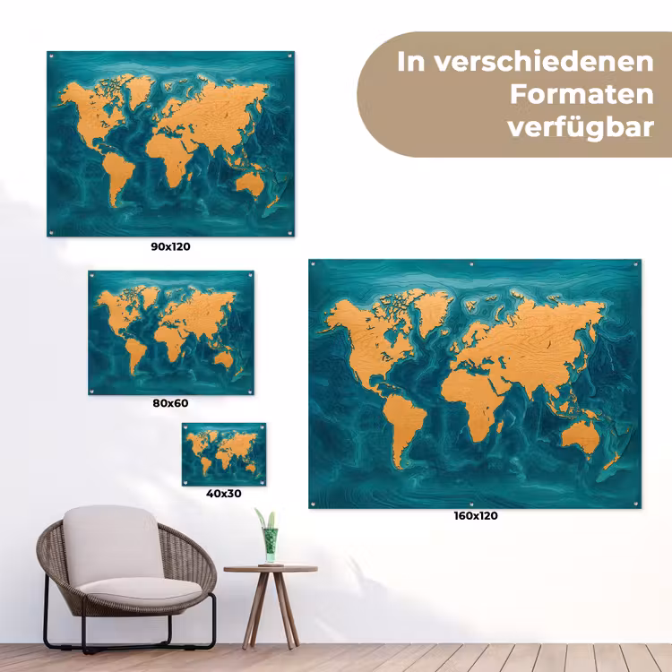 Wereldkaart - Houtsnede -  Turkooisblauw tuinposter los doek klein -Xsfeer9_DE