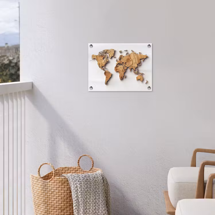 Wereldkaart - Houtstructuur - Artistiek tuinposter los doek klein -sfeer8