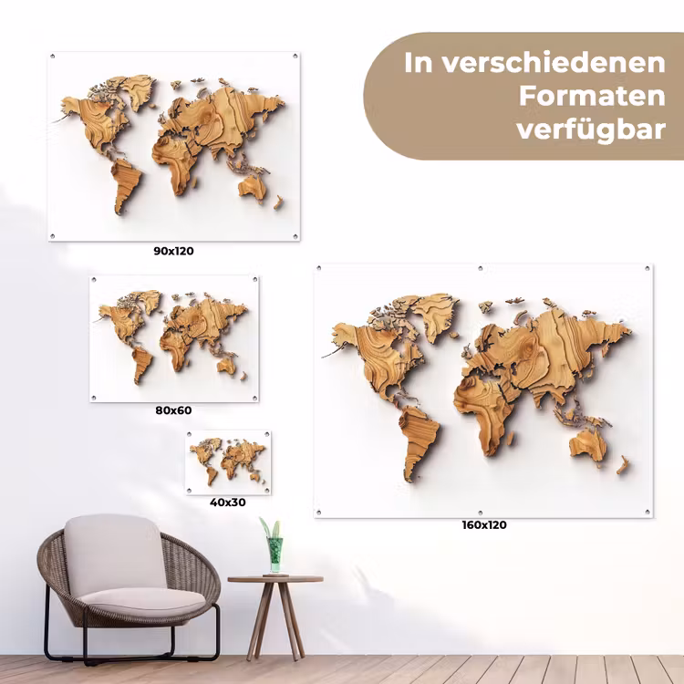 Wereldkaart - Houtstructuur - Artistiek tuinposter los doek klein -Xsfeer9_DE