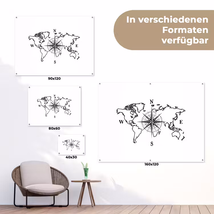 Wereldkaart - Kompas - Minimalistisch tuinposter los doek klein -Xsfeer9_DE