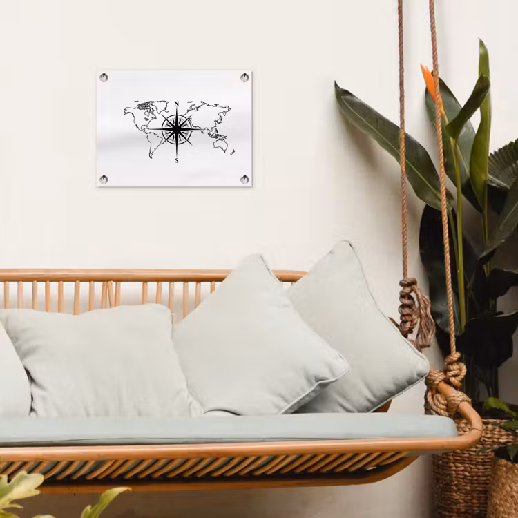 Wereldkaart - Kompas - Zwart - Wit tuinposter los doek klein -sfeer7