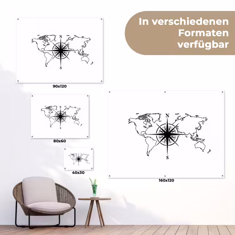 Wereldkaart - Kompas - Zwart - Wit tuinposter los doek klein -Xsfeer9_DE