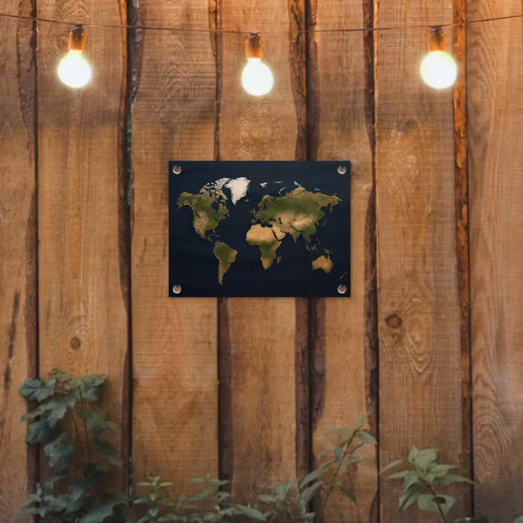 Wereldkaart - Contrast - Minimalistisch - Blauw tuinposter los doek klein -sfeer1
