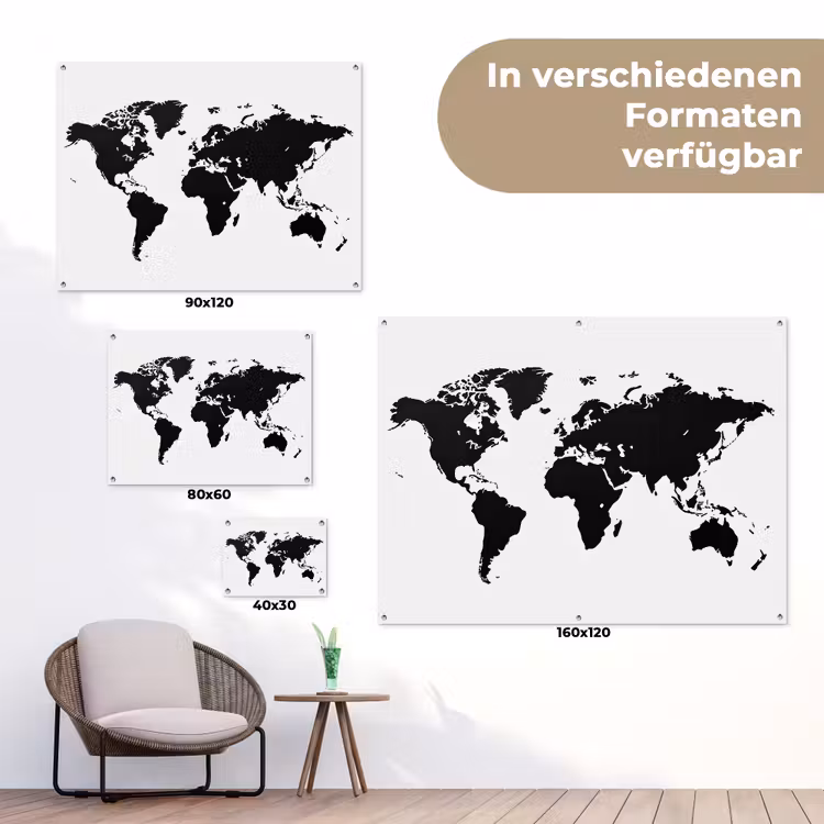 Wereldkaart - Contrast - Zwart - Wit tuinposter los doek klein -Xsfeer9_DE