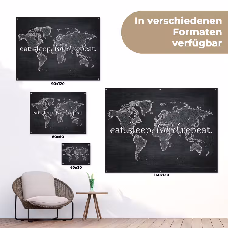 Wereldkaart - Krijt - Quote - Zwart tuinposter los doek klein -Xsfeer9_DE