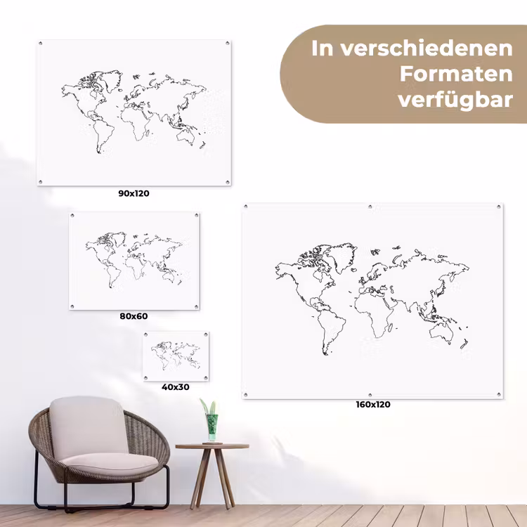 Wereldkaart - Lijnen - Wit tuinposter los doek klein -Xsfeer9_DE
