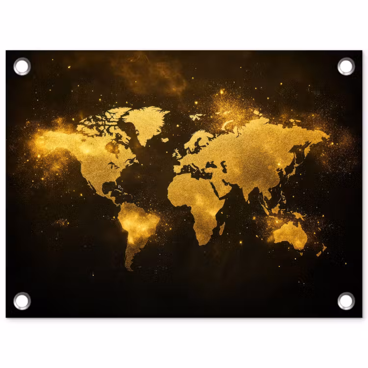 Wereldkaart - Magisch effect - Gouden deeltjes tuinposter los doek klein -3d