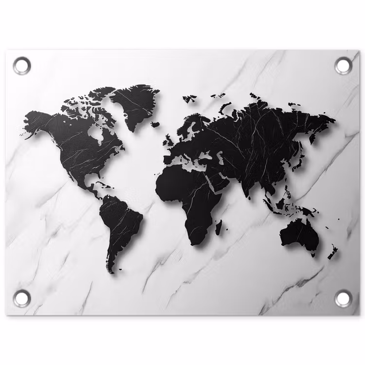 Wereldkaart - Marmer - Wit - Zwart tuinposter los doek klein -3d
