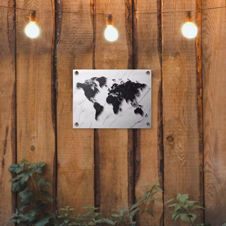 Wereldkaart - Marmer - Wit - Zwart tuinposter los doek klein -sfeer1