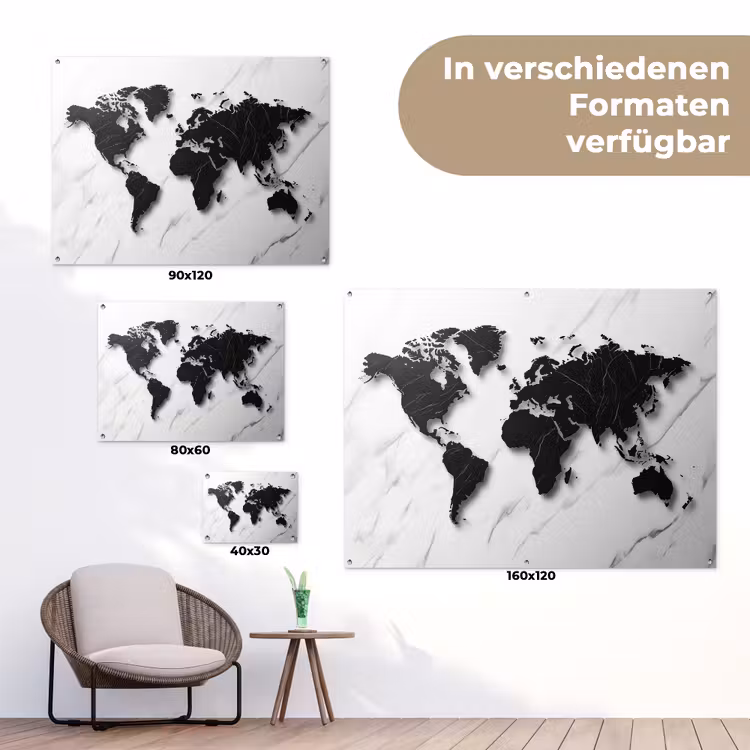 Wereldkaart - Marmer - Wit - Zwart tuinposter los doek klein -Xsfeer9_DE