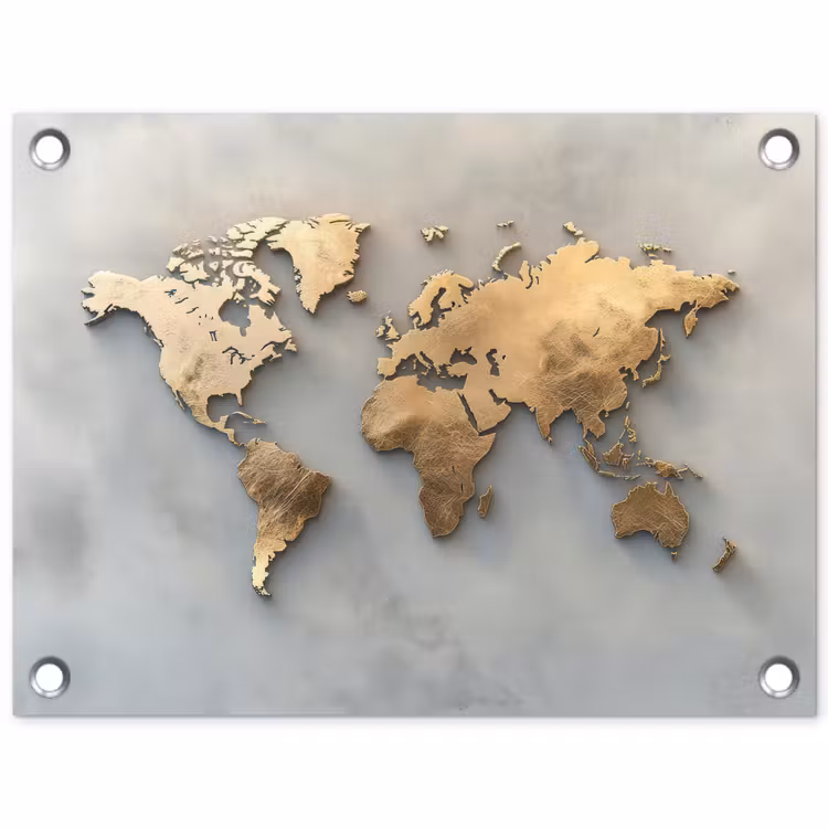Wereldkaart - Metaal - Grijs tuinposter los doek klein -3d