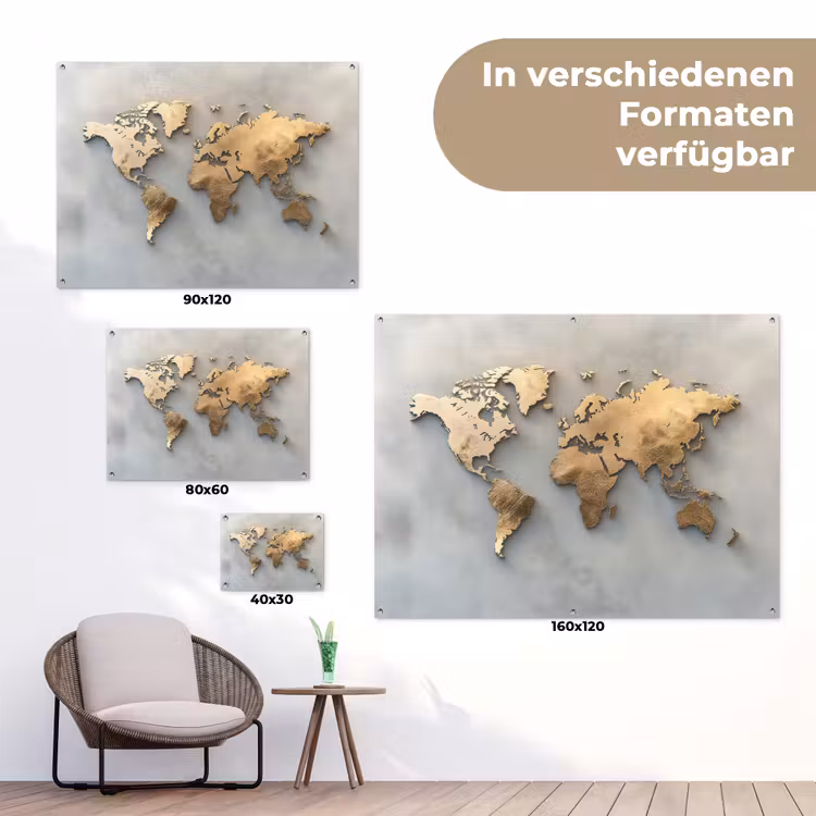 Wereldkaart - Metaal - Grijs tuinposter los doek klein -Xsfeer9_DE