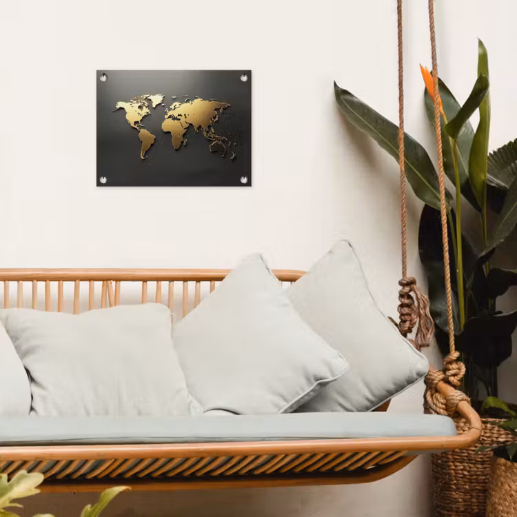 Wereldkaart - Minimalistisch - Gouden afwerking tuinposter los doek klein -sfeer7