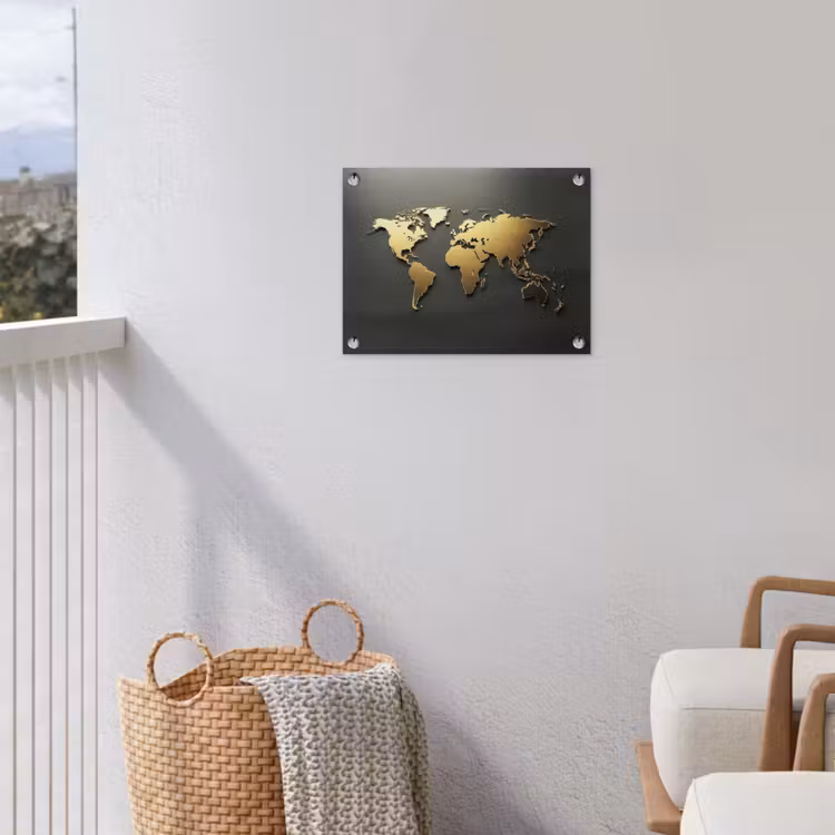 Wereldkaart - Minimalistisch - Gouden afwerking tuinposter los doek klein -sfeer8
