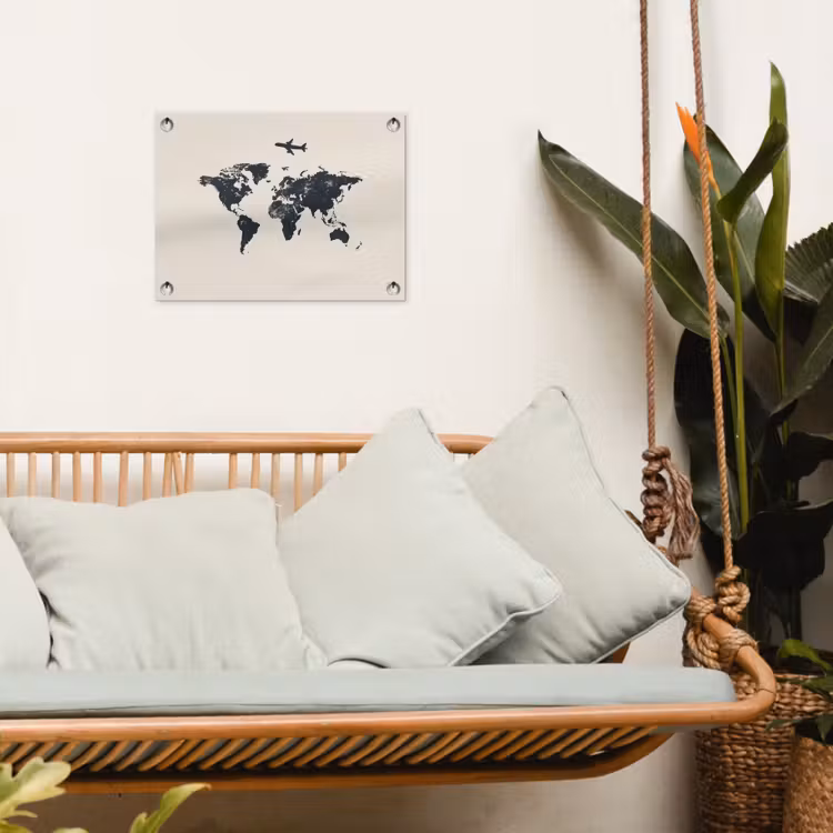 Wereldkaart - Minimalistisch - Grijs - Vliegtuig tuinposter los doek klein -sfeer7