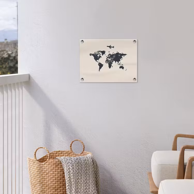Wereldkaart - Minimalistisch - Grijs - Vliegtuig tuinposter los doek klein -sfeer8