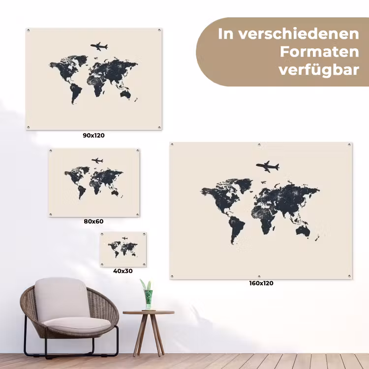 Wereldkaart - Minimalistisch - Grijs - Vliegtuig tuinposter los doek klein -Xsfeer9_DE