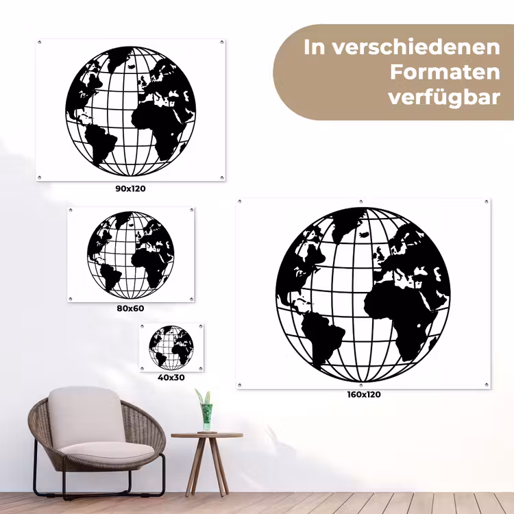 Wereldkaart - Minimalistisch - Zwart - Wit tuinposter los doek klein -Xsfeer9_DE
