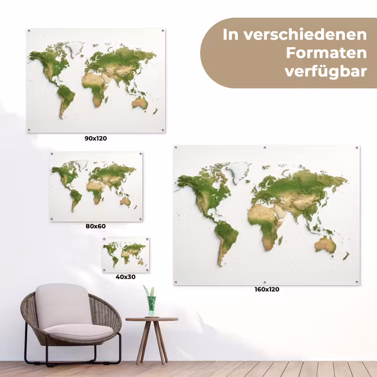 Wereldkaart - Natuurlijke kleuren - reliëfstijl tuinposter los doek klein -Xsfeer9_DE