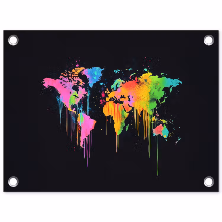 Wereldkaart - Neon - Kleurrijk - Spatten tuinposter los doek klein -3d