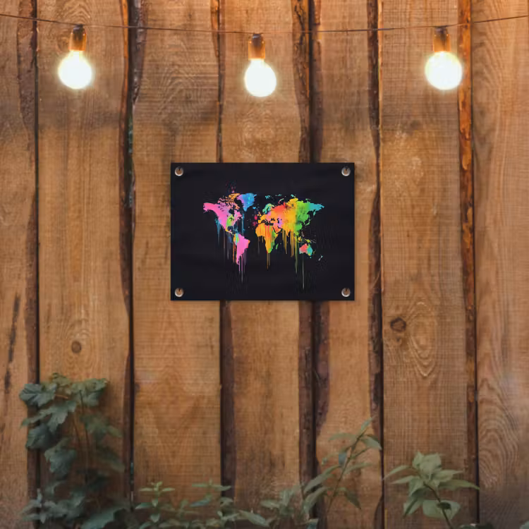 Wereldkaart - Neon - Kleurrijk - Spatten tuinposter los doek klein -sfeer1