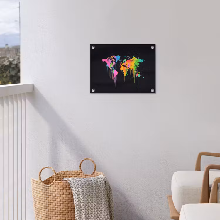 Wereldkaart - Neon - Kleurrijk - Spatten tuinposter los doek klein -sfeer8
