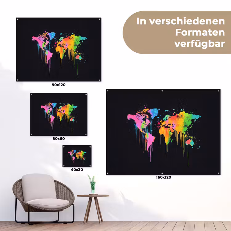 Wereldkaart - Neon - Kleurrijk - Spatten tuinposter los doek klein -Xsfeer9_DE