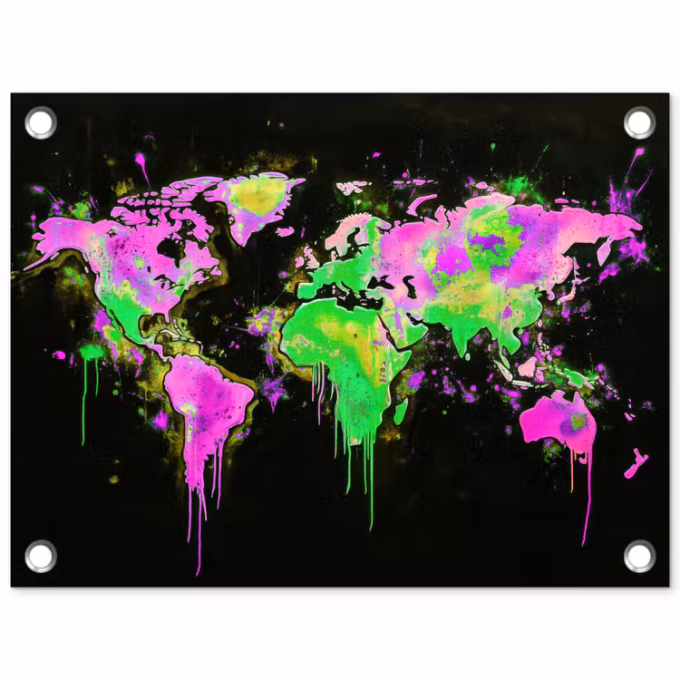 Wereldkaart - Neon - Groen - Roze tuinposter los doek klein -3d