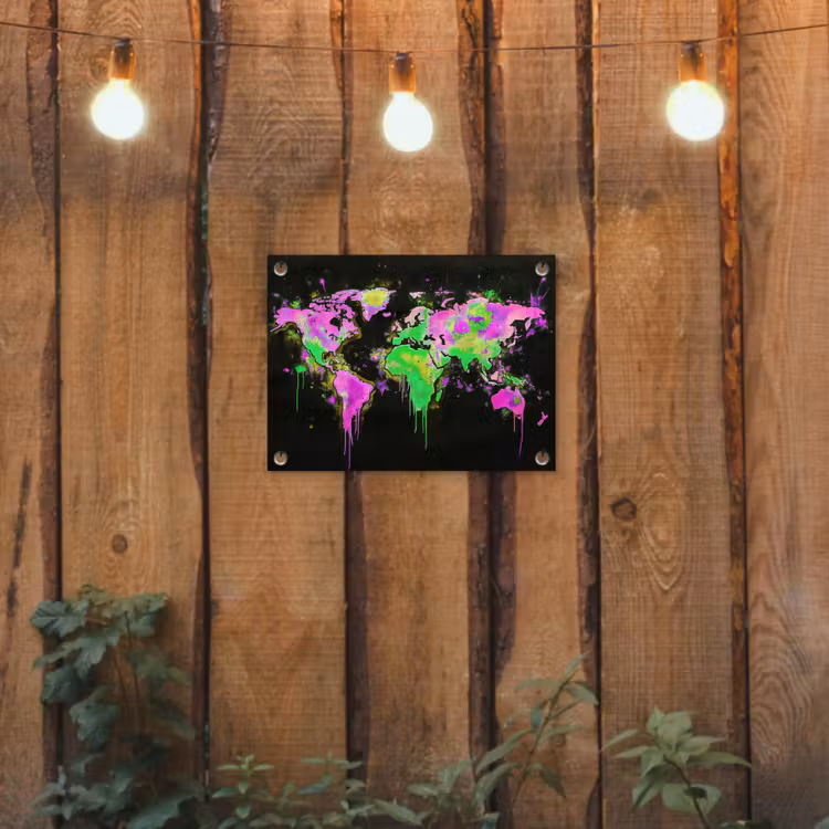 Wereldkaart - Neon - Groen - Roze tuinposter los doek klein -sfeer1