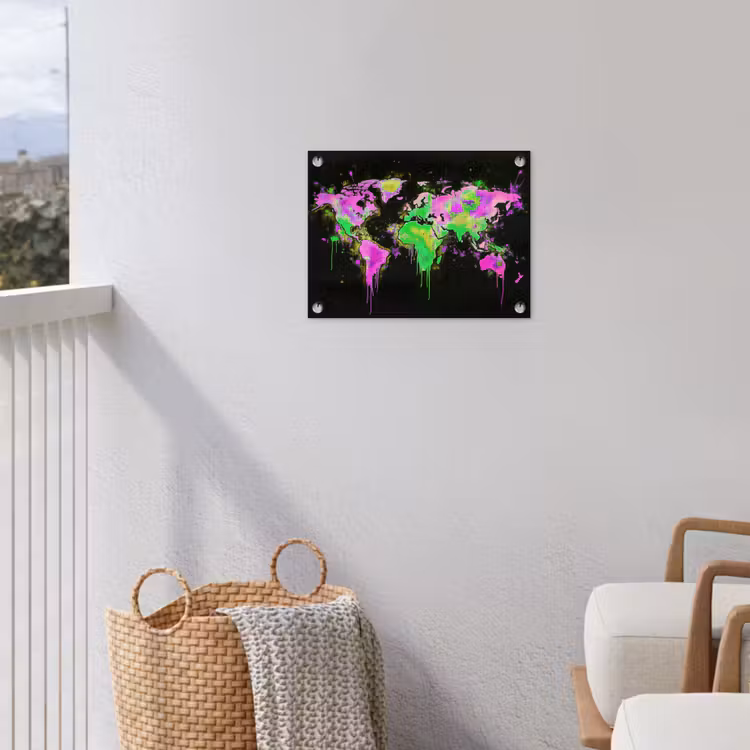 Wereldkaart - Neon - Groen - Roze tuinposter los doek klein -sfeer8