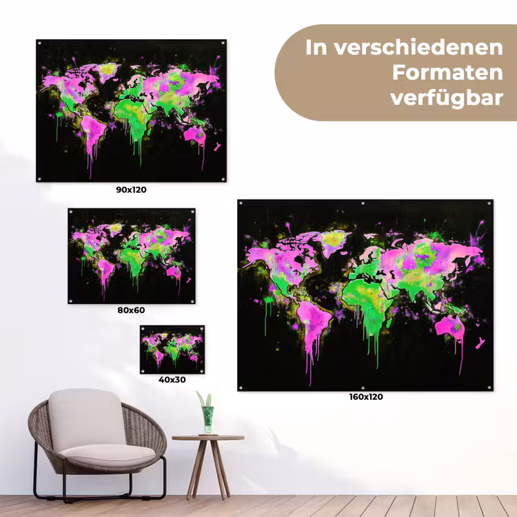 Wereldkaart - Neon - Groen - Roze tuinposter los doek klein -Xsfeer9_DE