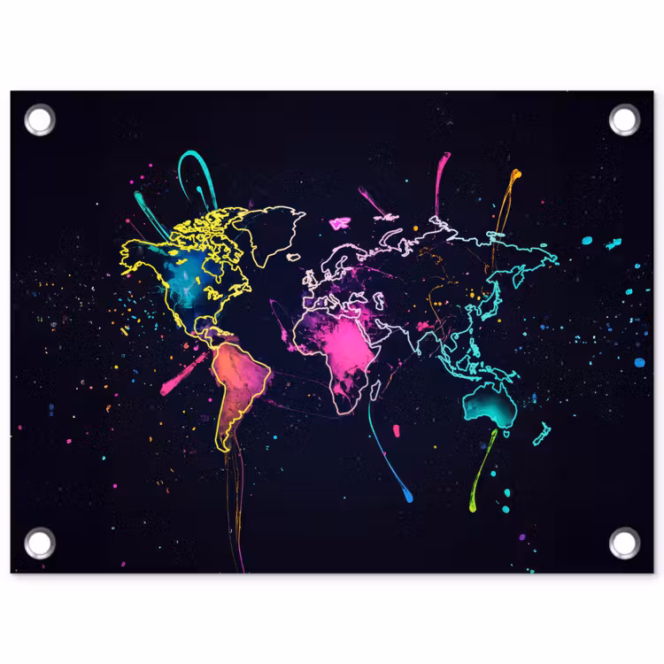 Wereldkaart - Neon - Lijnen - Verspatten tuinposter los doek klein -3d