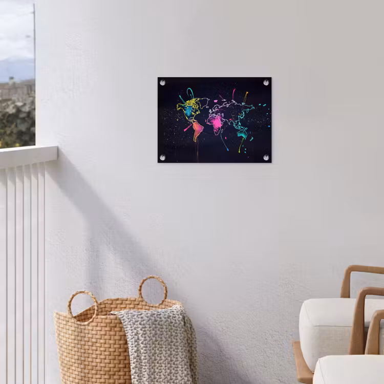 Wereldkaart - Neon - Lijnen - Verspatten tuinposter los doek klein -sfeer8