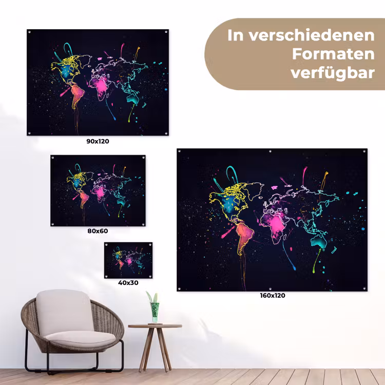 Wereldkaart - Neon - Lijnen - Verspatten tuinposter los doek klein -Xsfeer9_DE