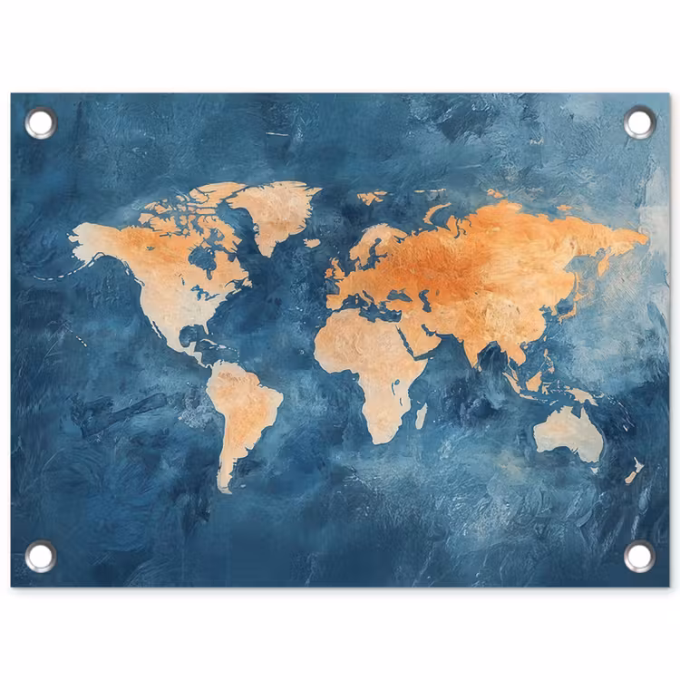 Wereldkaart - Olieverfschilderij - Blauw - Oranje tuinposter los doek klein -3d