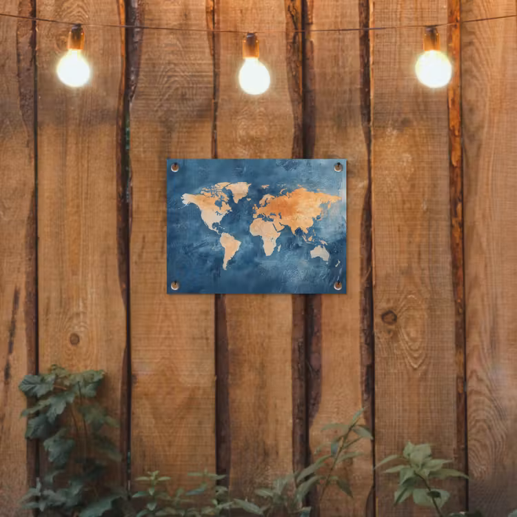 Wereldkaart - Olieverfschilderij - Blauw - Oranje tuinposter los doek klein -sfeer1