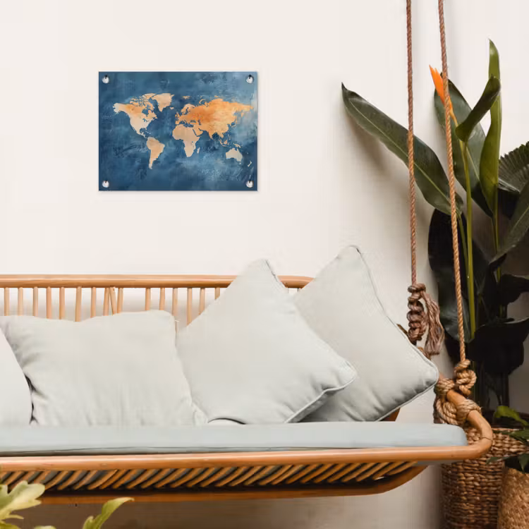 Wereldkaart - Olieverfschilderij - Blauw - Oranje tuinposter los doek klein -sfeer7