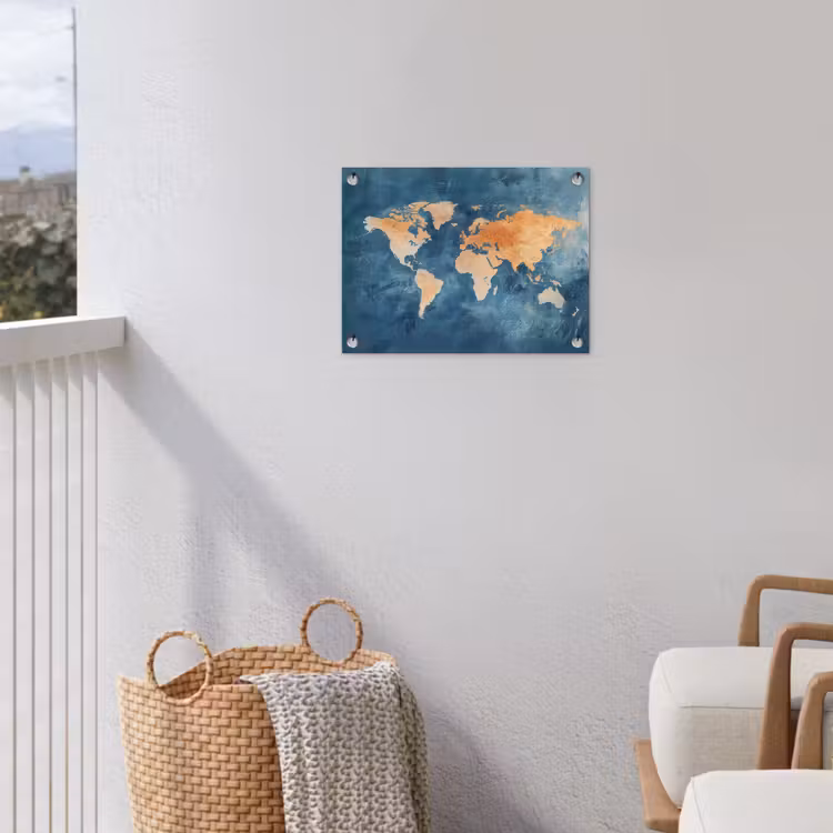 Wereldkaart - Olieverfschilderij - Blauw - Oranje tuinposter los doek klein -sfeer8