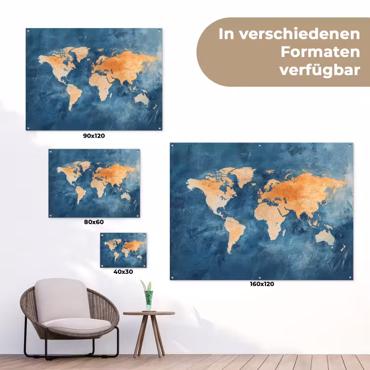 Wereldkaart - Olieverfschilderij - Blauw - Oranje tuinposter los doek klein -Xsfeer9_DE