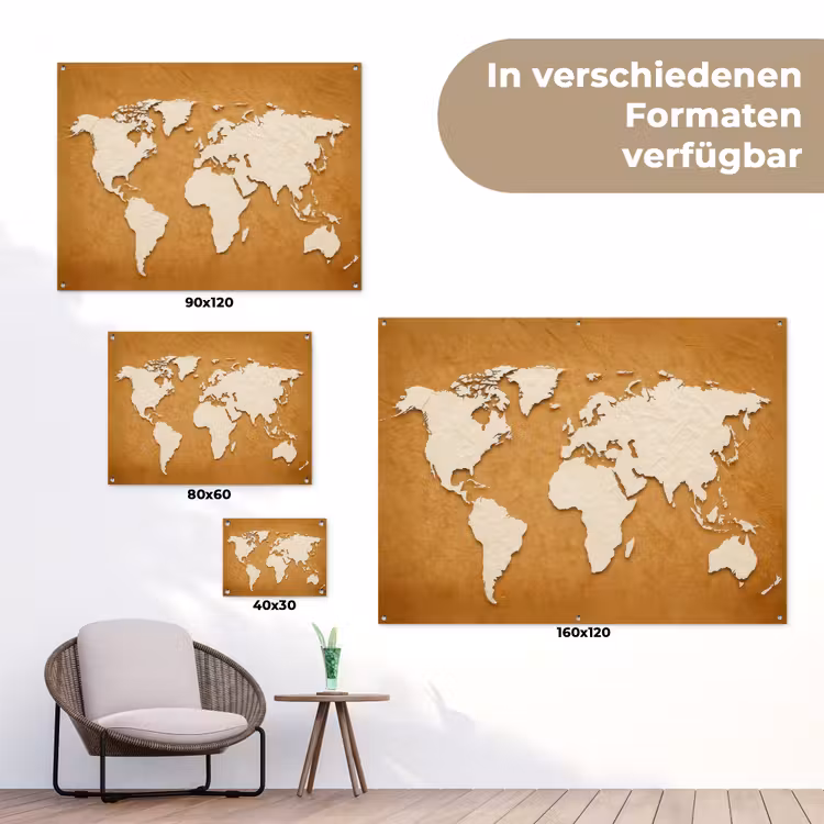 Wereldkaart - Papierstructuur - Bruin tuinposter los doek klein -Xsfeer9_DE