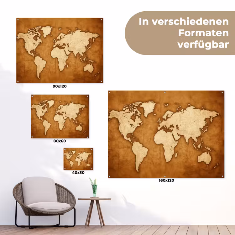 Wereldkaart - Perkamenttextuur tuinposter los doek klein -Xsfeer9_DE