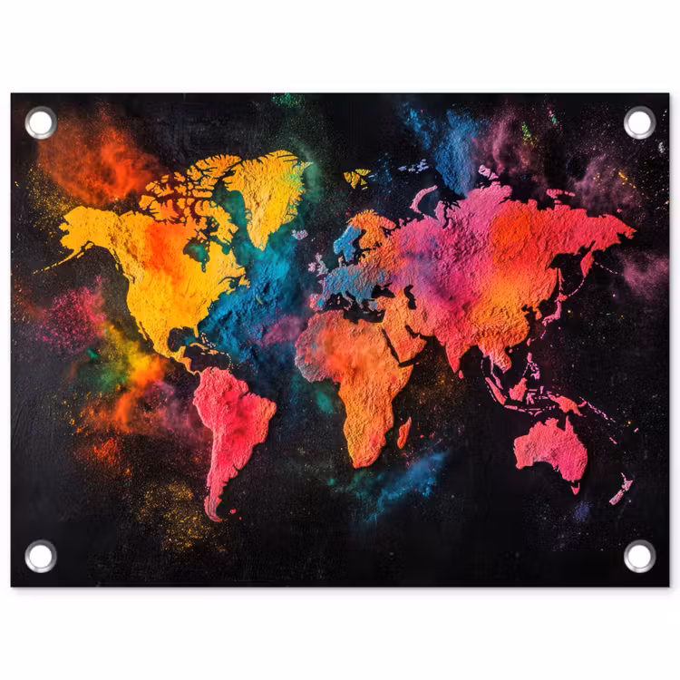Wereldkaart - Poeder - Kleuren tuinposter los doek klein -3d