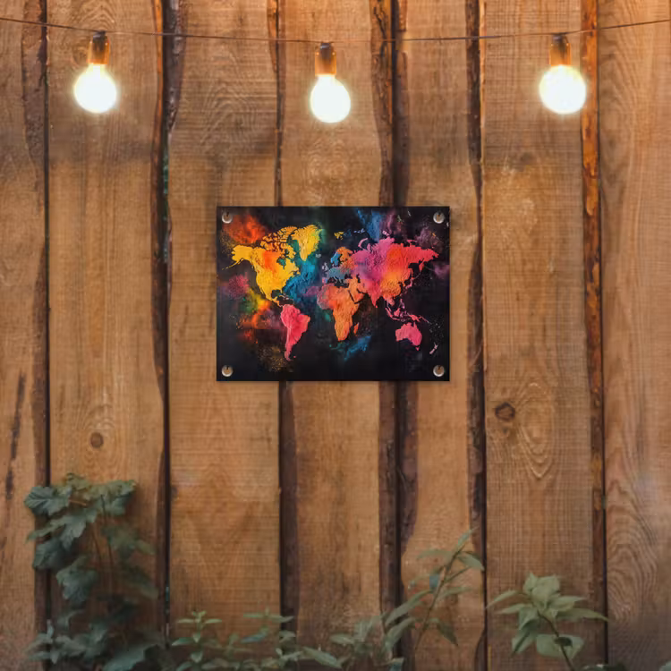Wereldkaart - Poeder - Kleuren tuinposter los doek klein -sfeer1