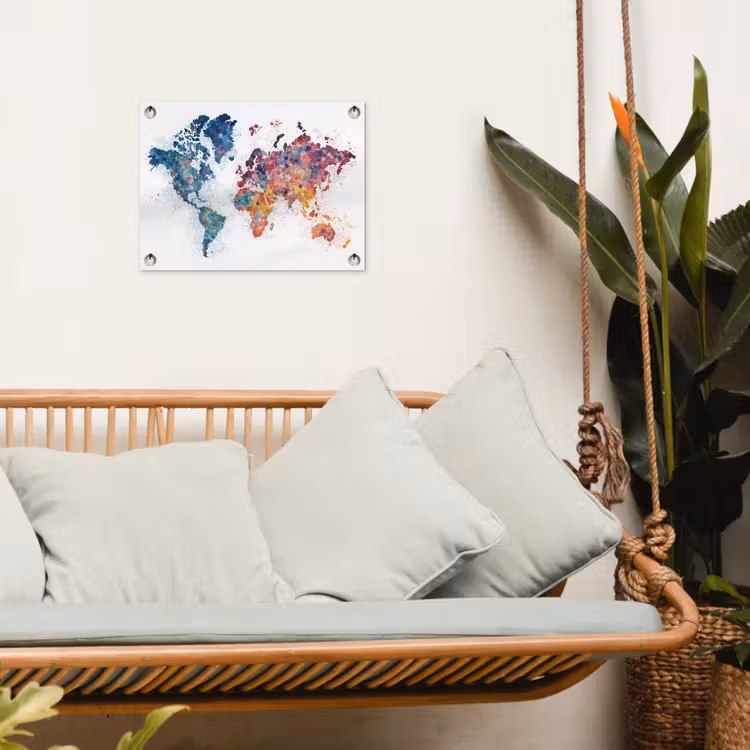 Wereldkaart - Stipjes - Kleurrijk - Mozaïek tuinposter los doek klein -sfeer7