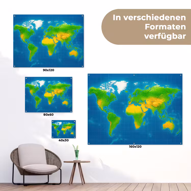 Wereldkaart - Raster - Helder kleurenpalet tuinposter los doek klein -Xsfeer9_DE