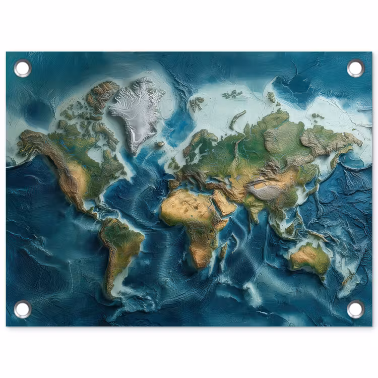 Wereldkaart - Realistisch - Contouren tuinposter los doek klein -3d